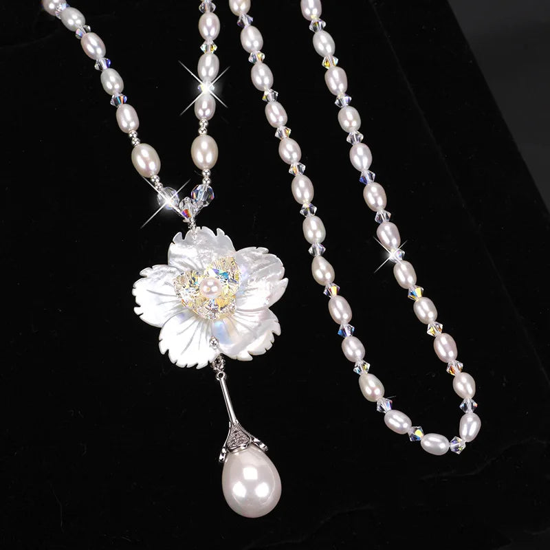 Vintage Lady Camellia Pearls Flower Long Necklace Chain Elegant Double Layers Fashion  Jewelry For Women Party Collares de moda