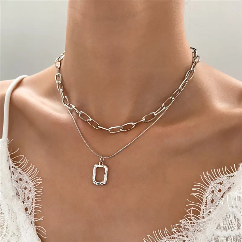 Black Square Pendant Double Layer Necklaces for Women Egirl Trendy Stainless Steel Silver Color Clavicle Chains Necklace Jewelry
