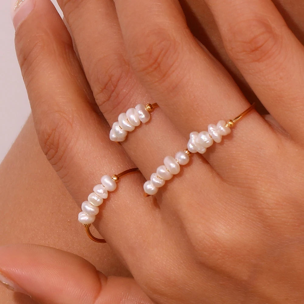 E.B.belle Elegant crushed freshwater pearls can be stacked stainless steel ring woman gold plated jewellery women Decoration