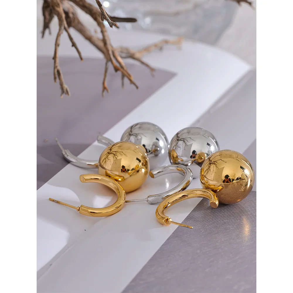 Yhpup Stainless Steel Round Ball Smooth Bead Drop Huggie Earrings Gold Silver Color Prevent Allergy Metal Unusual Jewelry Gift