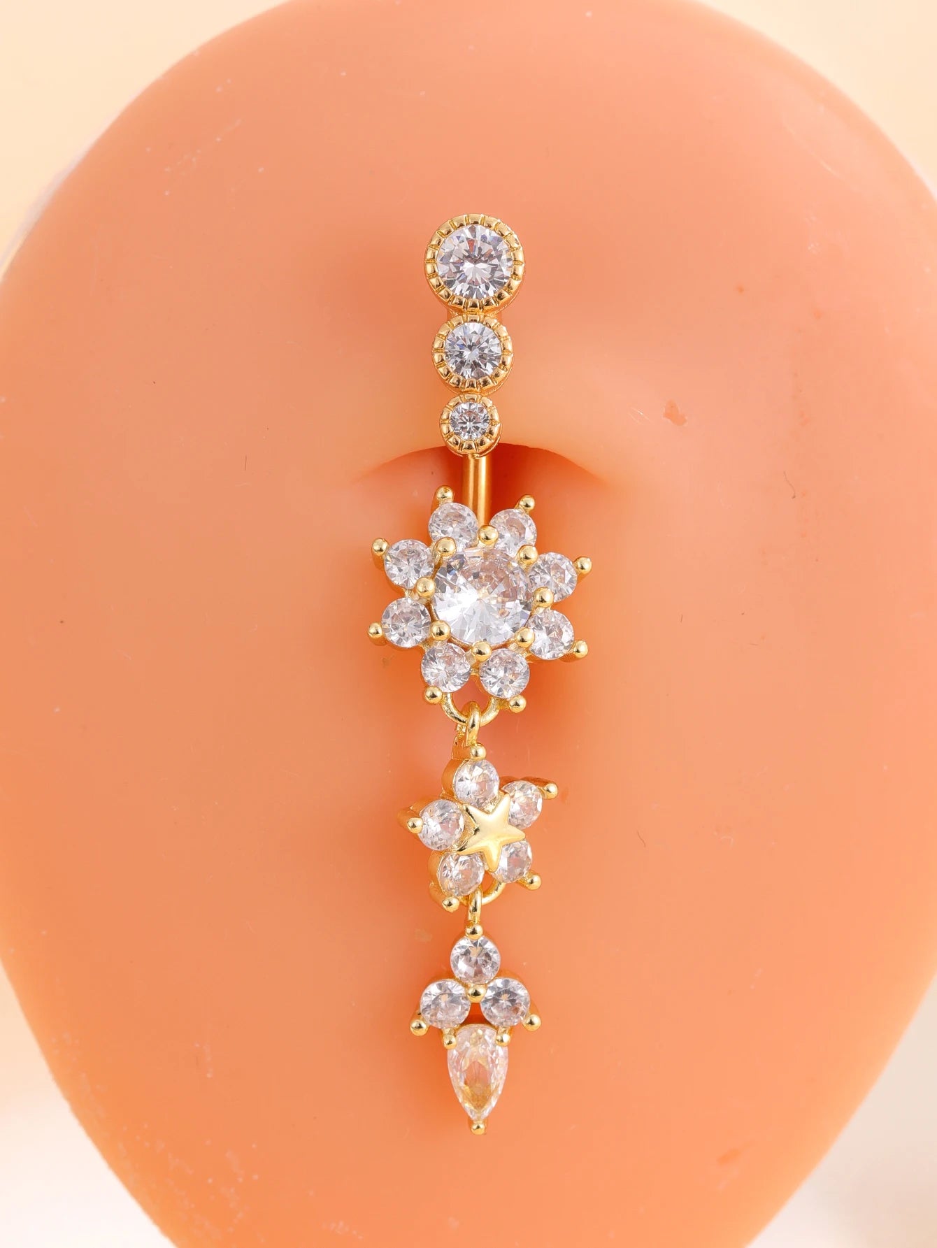 Gold Color Stainless Steel Belly Button Ring Long Dangled Flower CZ Crystal Navel Belly Piercing Rings for Women Sexy Jewelry