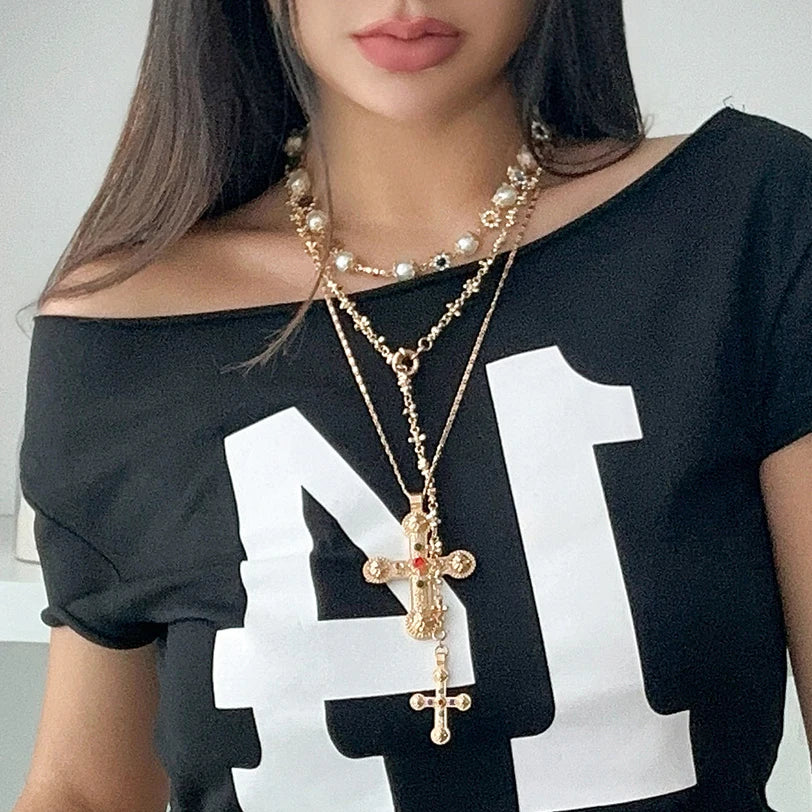 Ingemark Luxury Rhinestone Imitation Pearl Beads Chain Necklace Women Wed Bridal Vintage Jesus Cross Pendant Choker Y2K Jewelry