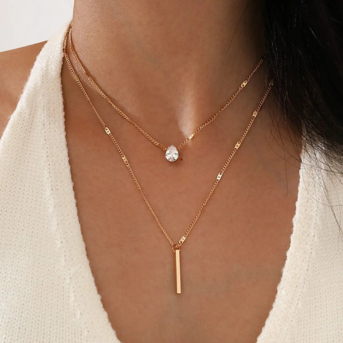 Multi-layer Five-pointed Star Heart Shape Water Drop Pendant Chain Necklace Alloy Material Glass Collarbone Chain Sexy Women's
