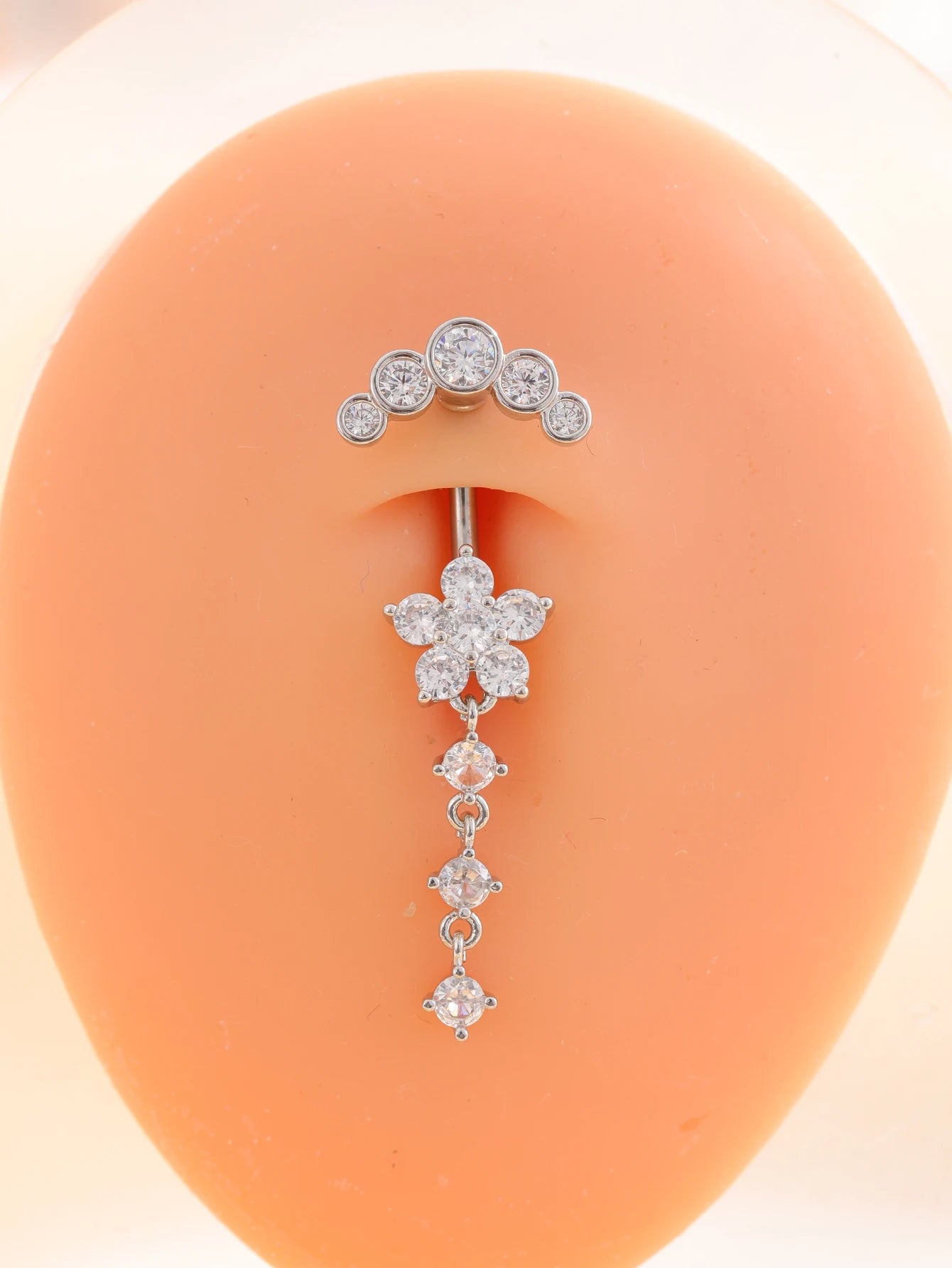 Gold Color Stainless Steel Belly Button Ring Long Dangled Flower CZ Crystal Navel Belly Piercing Rings for Women Sexy Jewelry