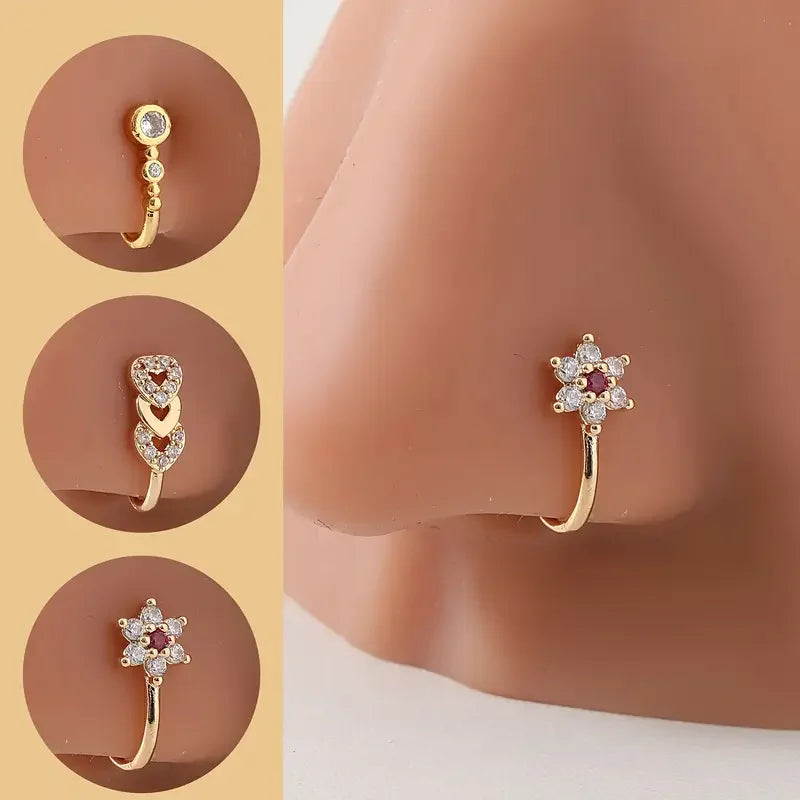 Bohemian Style Adjustable U-shaped Nose Clip with Red Zirconia - No Piercing Required Fake Nose Ring Jewelry