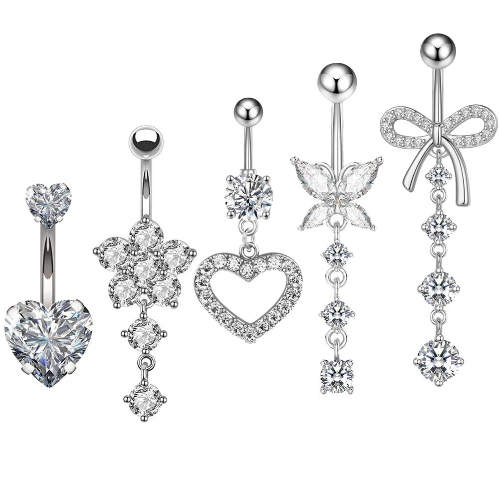 3-5pcs/Lot Belly Button Ring Sets Heart Butterfly Flower Dangled Belly Piercing Nombril 14G Curved Navel Rings Jewelry for Women