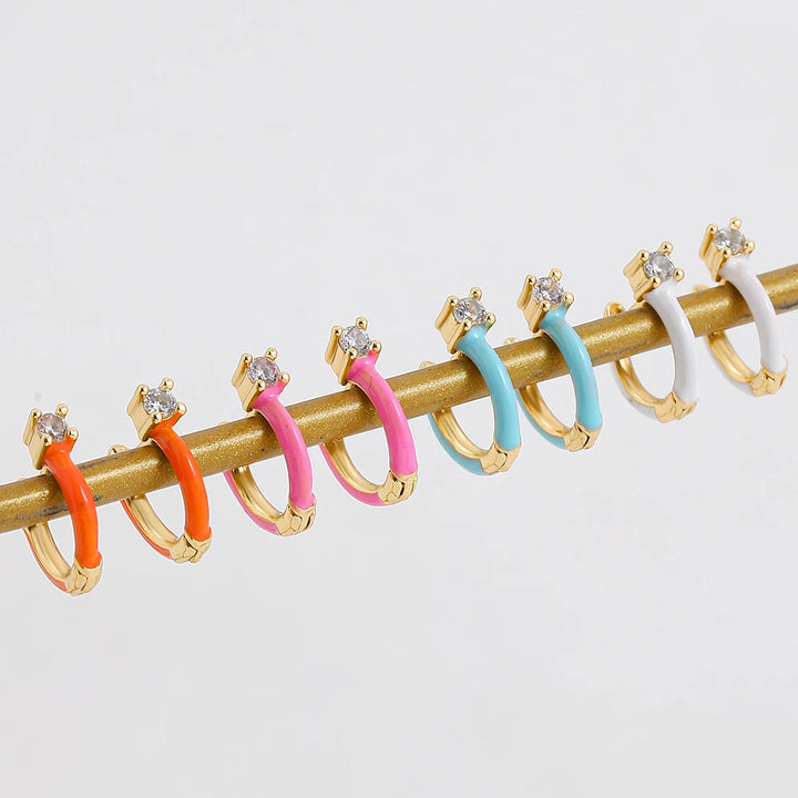 Fashion Colorful Enamel CZ Round Huggie Earrings for Women Trendy Candy Gold Plated Crystal Hoop Earrings Hinged Back Jewelry