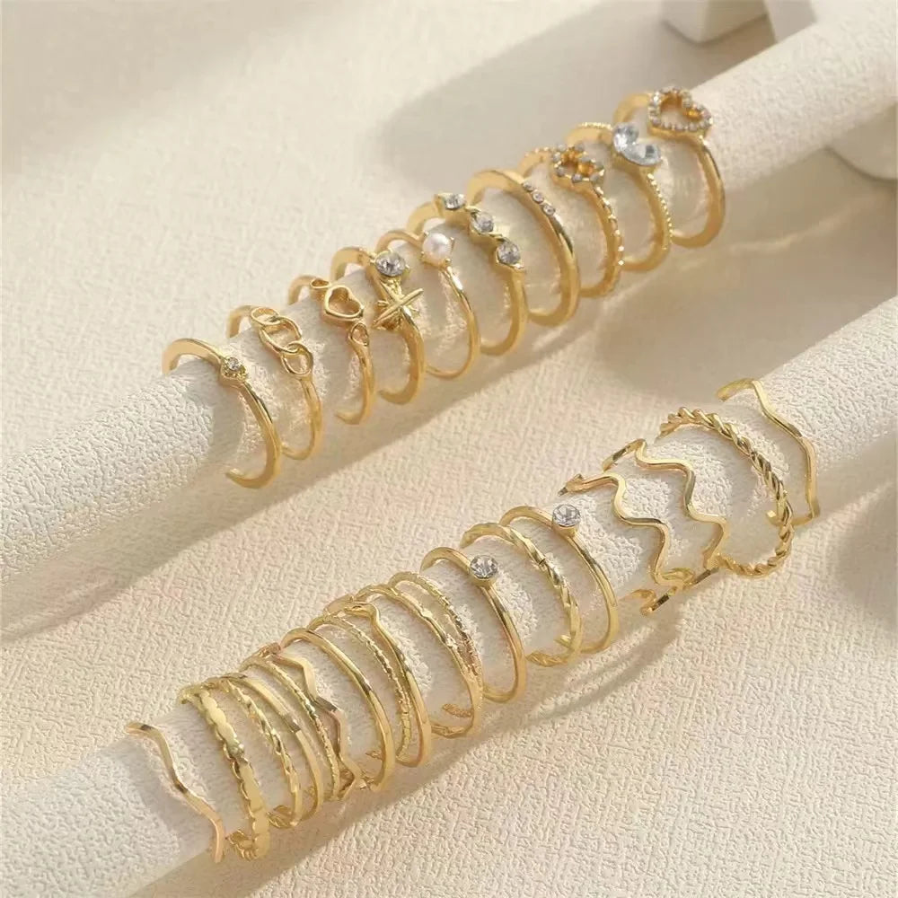 23PCS Fashion Luxury Shiny Zircon Wave Multi-Element Design Women's Ring Set, Suitable or Women's Daily Wear Rings