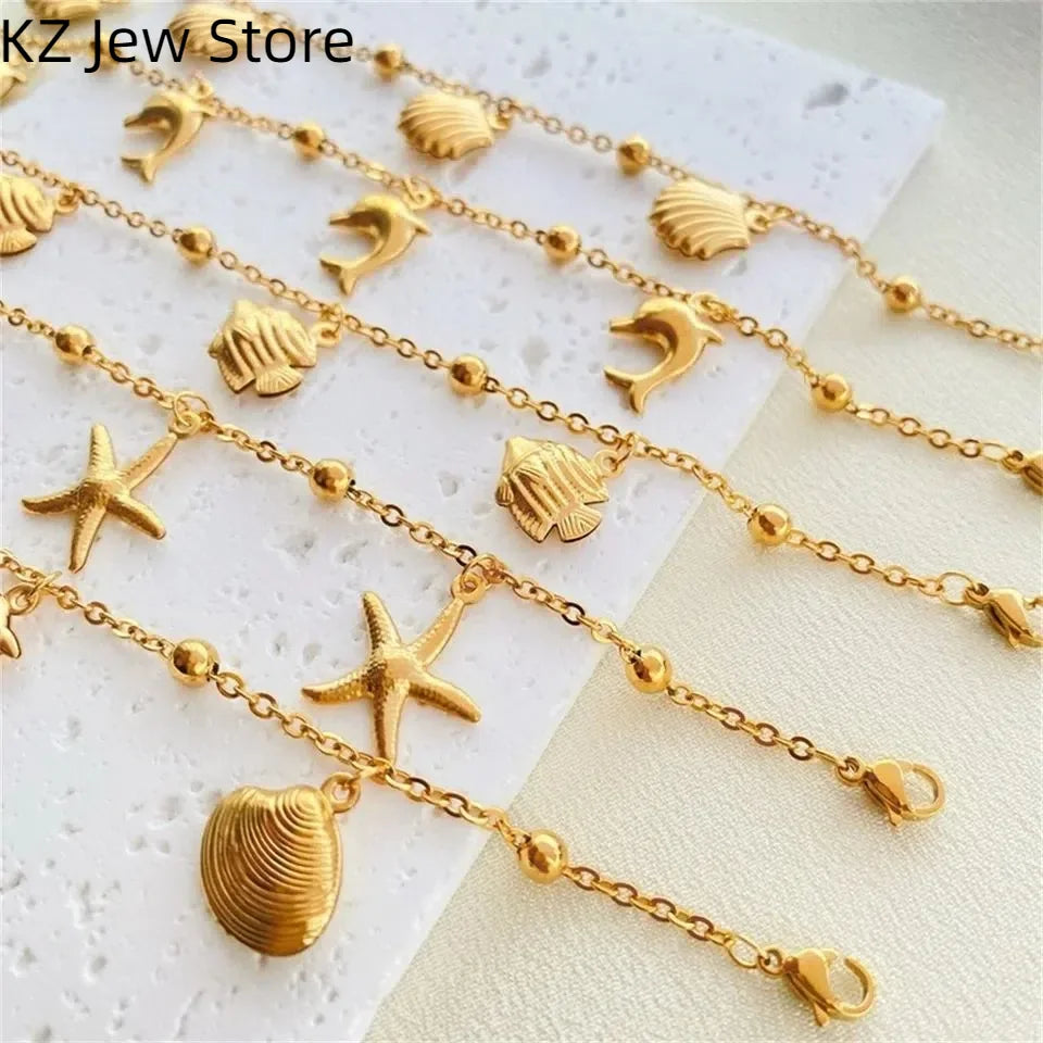 Gold Color Starfish Shell Fish Charm Anklet Link New Bead Chain Stainless Steel Bracelet Women On Foot Summer Waterproof Jewelry