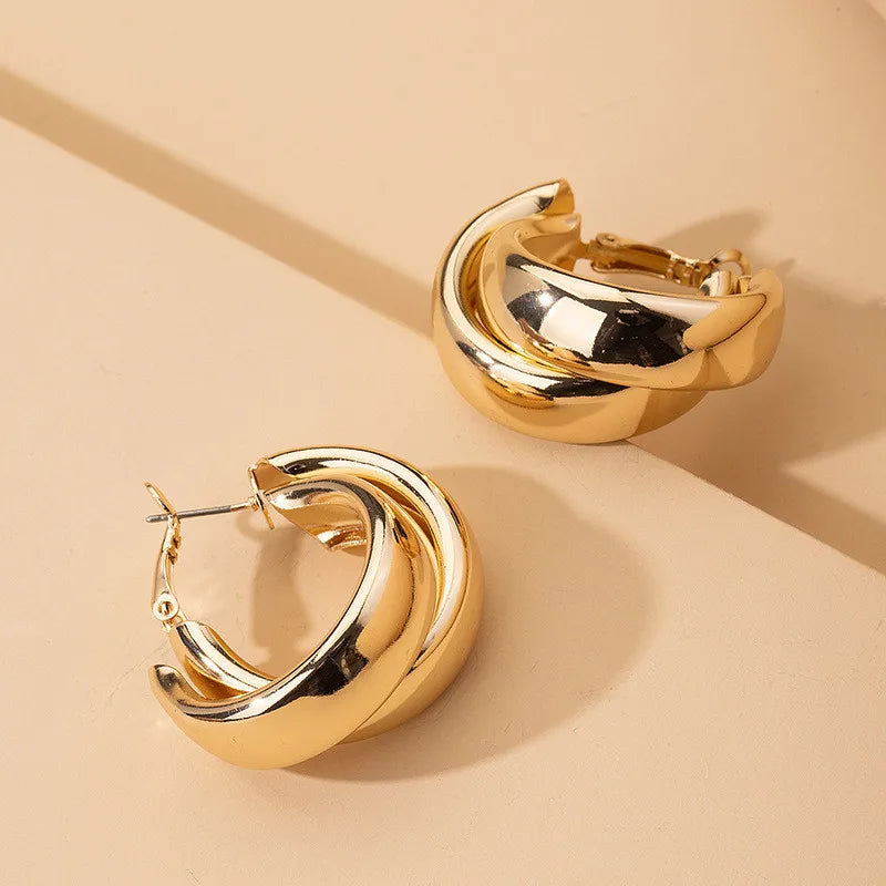 Stainless Steel Chunky Hoop Earrings for Women Girls Gold Color Double Ring Thick Geometric Drop Earrings Statement Jewelry Gift