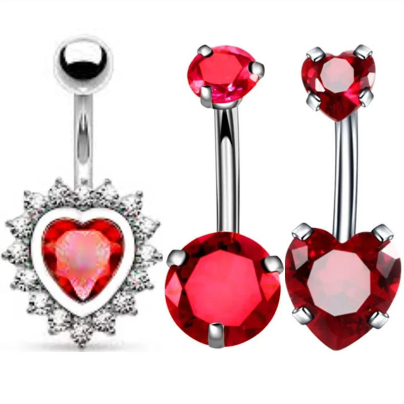 3PCS Heart Crystal Belly Button Piercing Jewelry Set Red Cz Navel Piercing Bulk Flower Belly Rings Pack Piercing Ombligo Lote