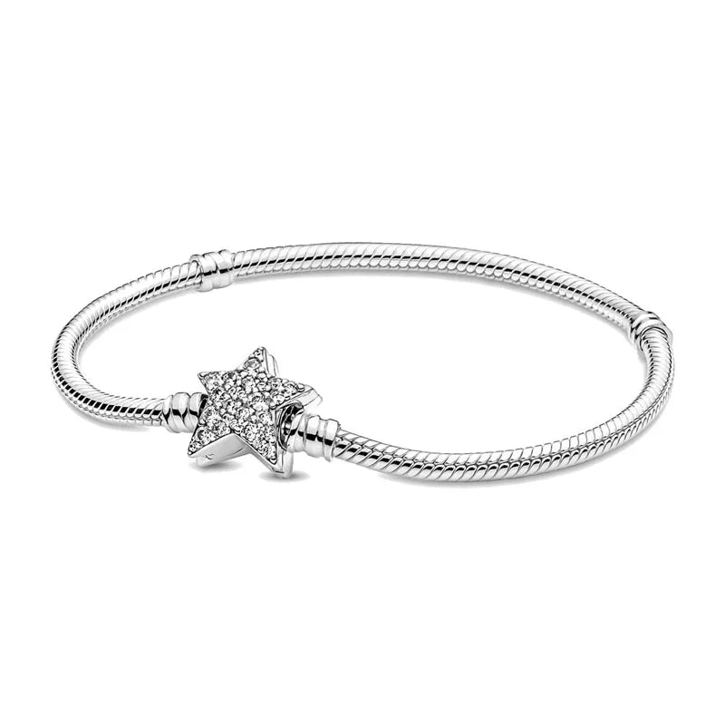 925 Silver European Heart Star Clasp Clip Snake Chain Size 16-21cm Bracelet Bangles Jewelry Accessories Charm