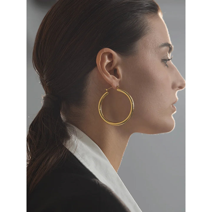 Yhpup Minimalistic Big Sleek Metal Round Hollow Hoop Earrings Anti Allergic 316L Stainless Steel Trendy Simple Ear Jewelry
