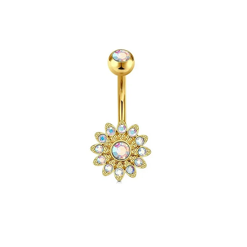 1Pc Gold Color Stainless Steel Belly Ring, Flower Heart Shaped CZ Crystal Navel Belly Button Rings Butterfly Navel Piercings 14G