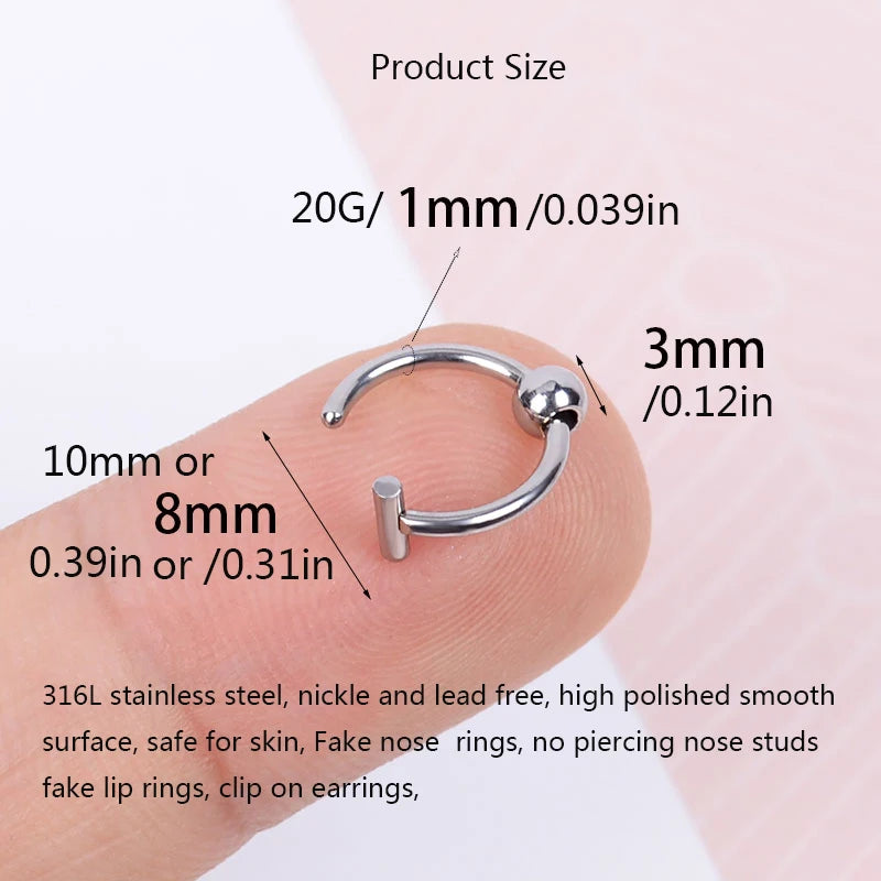 2Pcs 316L Stainless Steel Fake Nose Ring, Nose Cuffs Fake Septum Rings Clip On Nose Hoop Lip Rings Conch Earring Body Jewelry