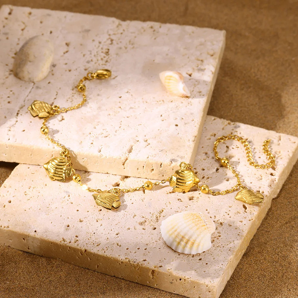 Gold Color Starfish Shell Fish Charm Anklet Link New Bead Chain Stainless Steel Bracelet Women On Foot Summer Waterproof Jewelry
