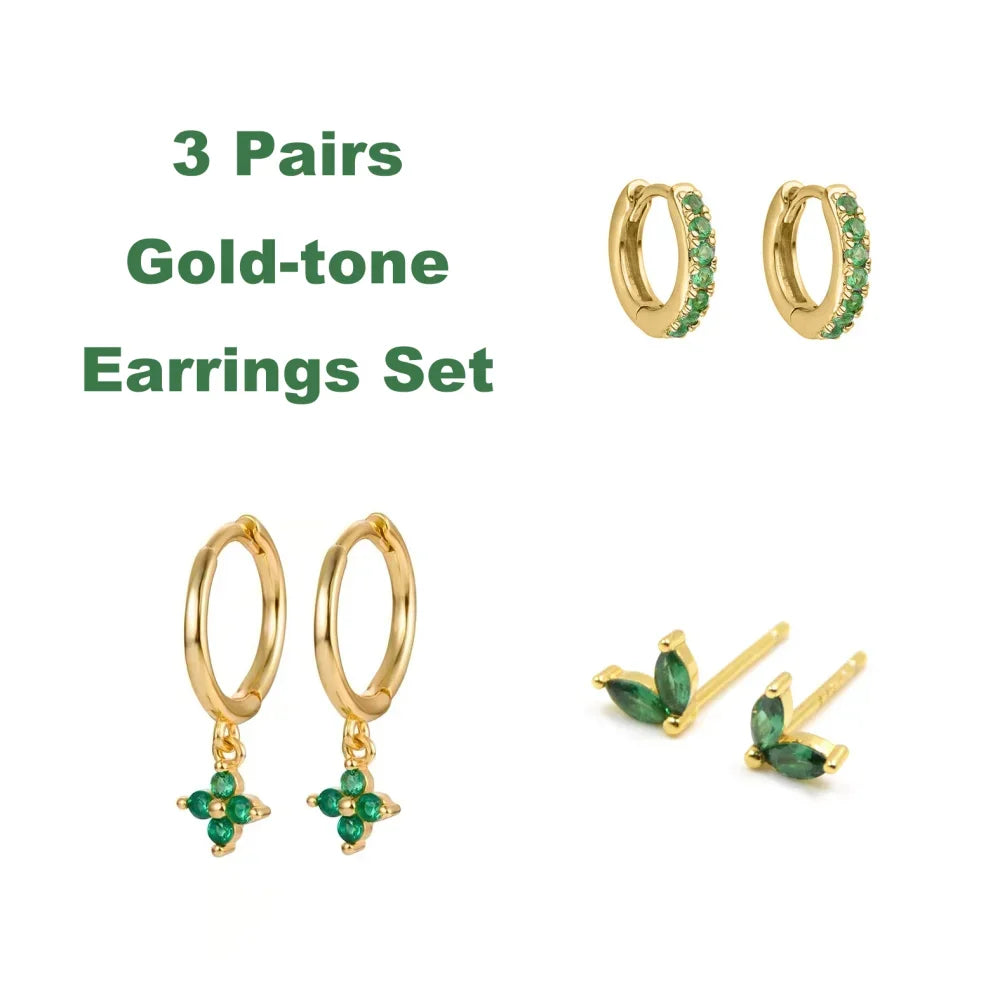 1/3Pairs Copper Green CZ Stone Huggie Hoop Earring Stud Gold Color Silver Black Geometric Cartilage Earrings For Women Jewelry