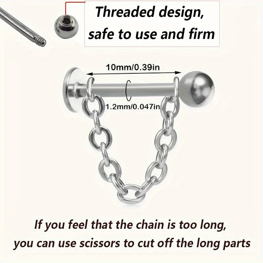 2pcs Fashion Simple Stainless Steel Chain Lip Stud Cartilage Stud Earrings Detachable Piercing Jewelry For Daily Wear