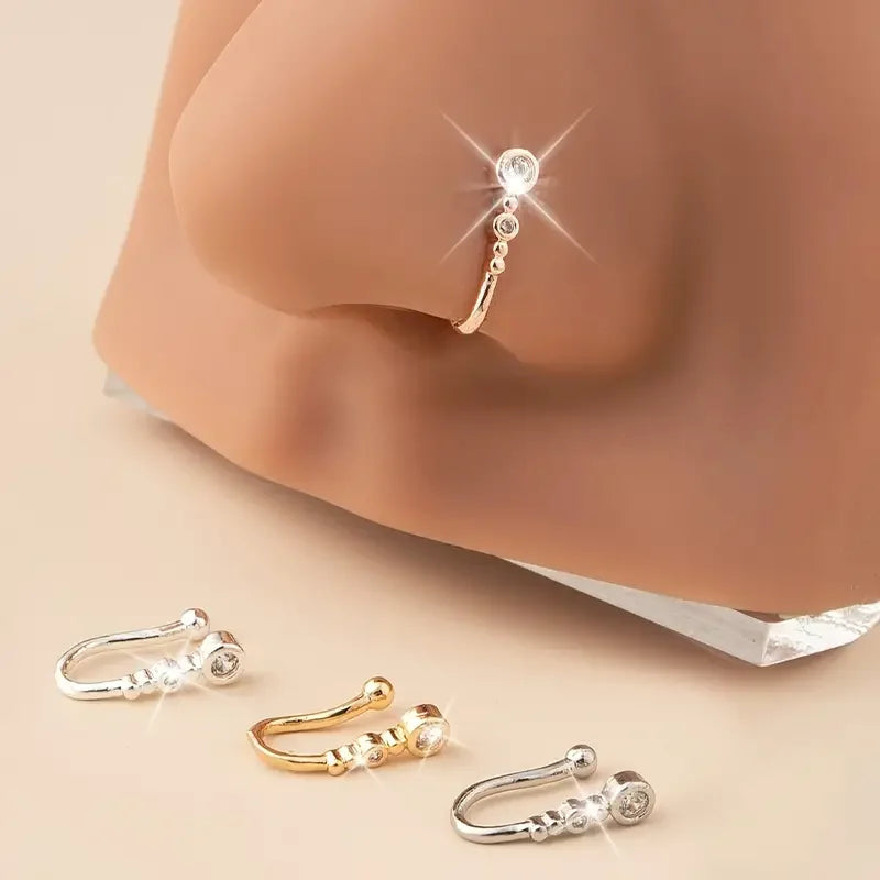 1pc U-Shape Non-Piercing Nose Ring - Simplistic Hip Hop Style Inlaid Cubic Zirconia Fake nose Clip Jewellery