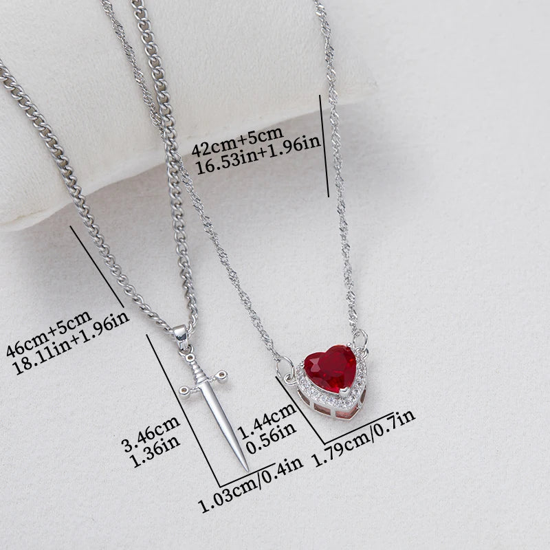 2PC Gothic Punk Sword Heart Creative Two Tone Couple Necklace Ladies Sparkling Heart Dagger Pendant Jewelry Gift