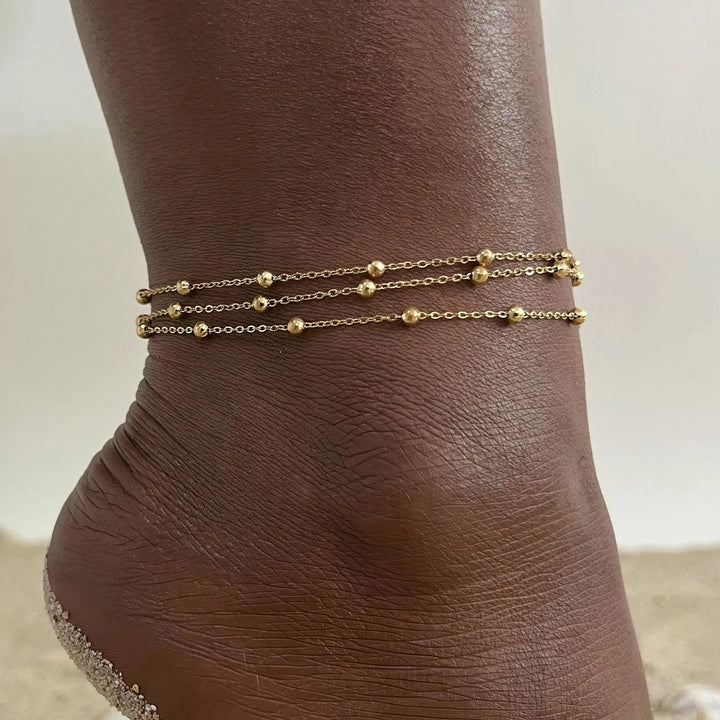 18k Gold Plated Stainless Steel Layered Chain With Beaded  Anklet Bracelet on Leg  for Women