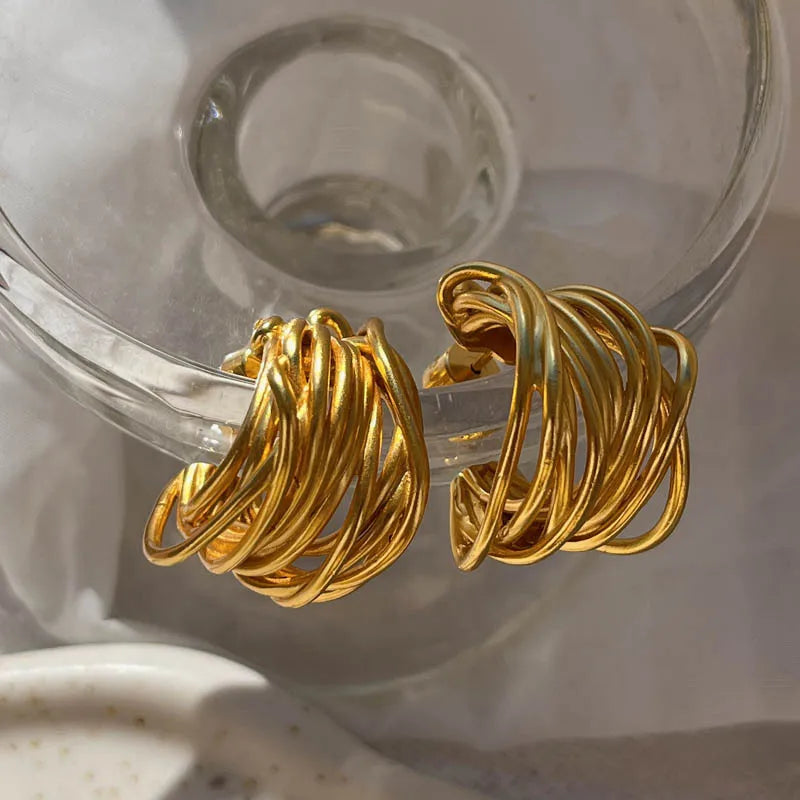 Unusual Multilayer Metal C Shape Hoops No Tarnish 18K Gold Plated Huggie Earrings Classics Piercing Ear Clip Women Retro Jewelry