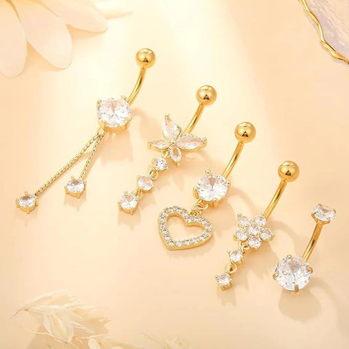 5pcs/lot Dangled Belly Button Rings Belly Piercing Sets 14G Butterfly Heart Curved Navel Piercing for Women Girls Body Jewelry