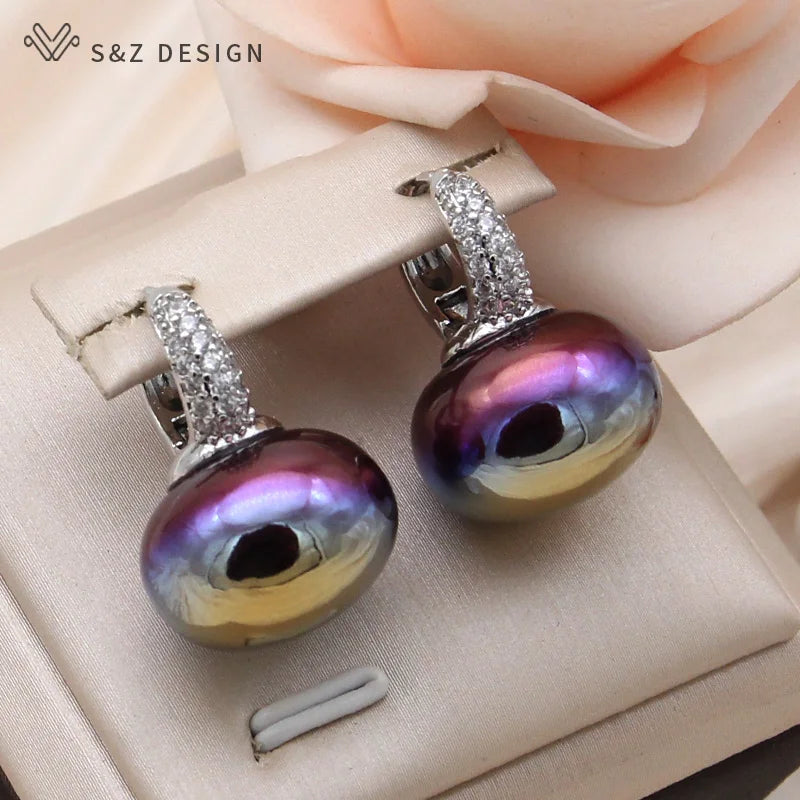 S&Z DESIGN New Fashion Bread Round Big Pearl Dangle Earrings For Women Wedding Jewelry Gift Temperament Cubic Zirconia Eardrop
