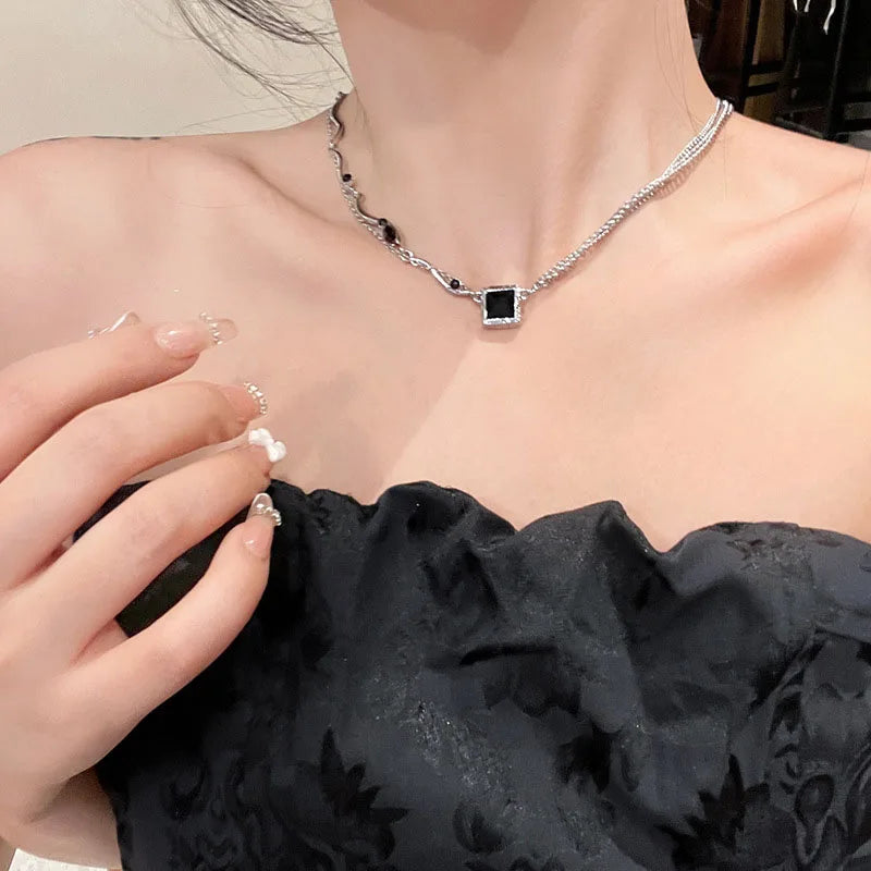Black Square Pendant Double Layer Necklaces for Women Egirl Trendy Stainless Steel Silver Color Clavicle Chains Necklace Jewelry