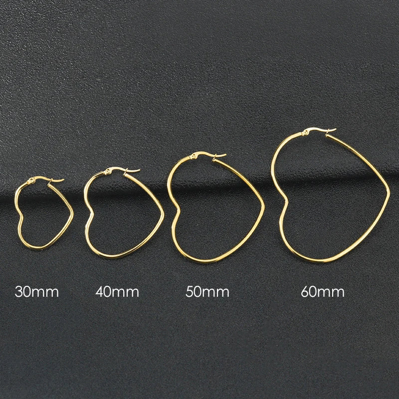 30-60mm Exaggerate Big Hoop Earring Heart Earrings For Women Stainless Steel Gold Color Hip Hop Korea Fashion Jewelry