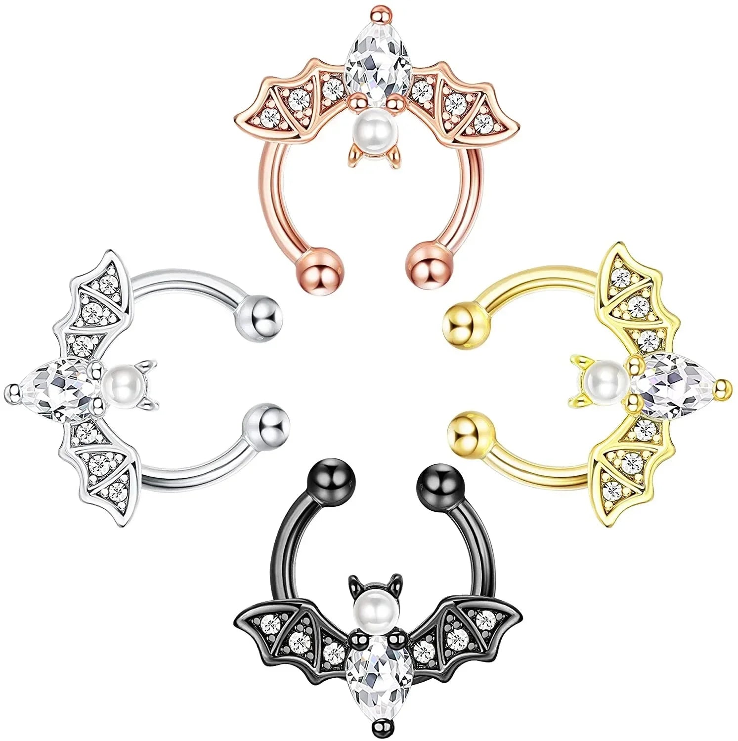 1/4PCS Crystal Bat Fake Nose Ring Septum Jewelry Stainless Steel Non Piercing Cuff Earring Rook Faux Clip on Hoop