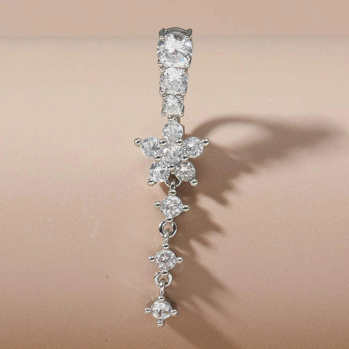 Gold Color Stainless Steel Belly Button Ring Long Dangled Flower CZ Crystal Navel Belly Piercing Rings for Women Sexy Jewelry