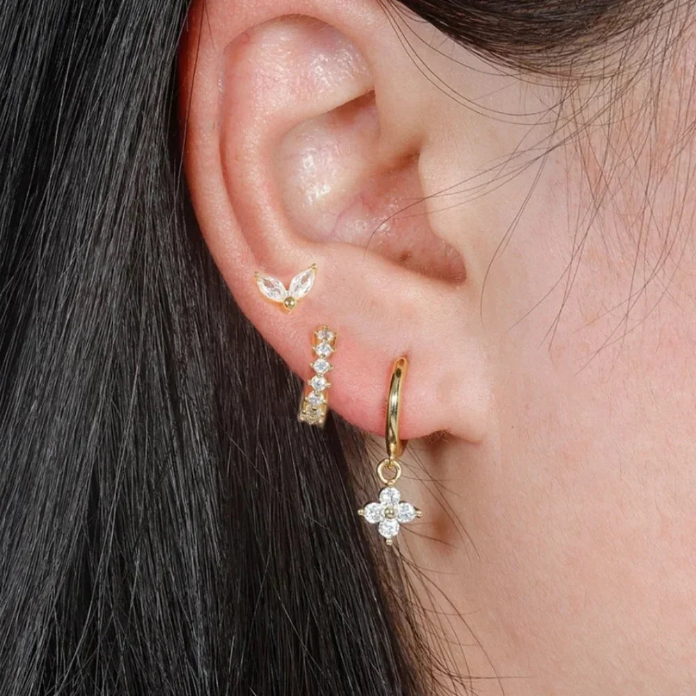 1/3Pairs Copper Green CZ Stone Huggie Hoop Earring Stud Gold Color Silver Black Geometric Cartilage Earrings For Women Jewelry