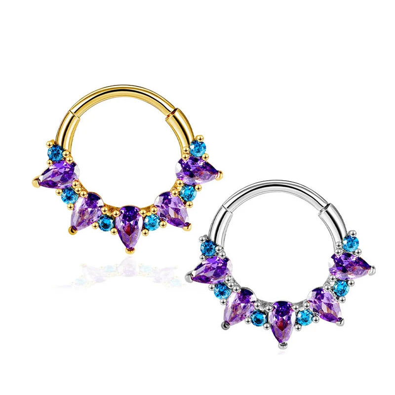Fashion Gold Color Nose Rings for Women Earrings Surgical Steel Septum Ring Purple Cubic Zirconia Falso Nose Septum Piercing