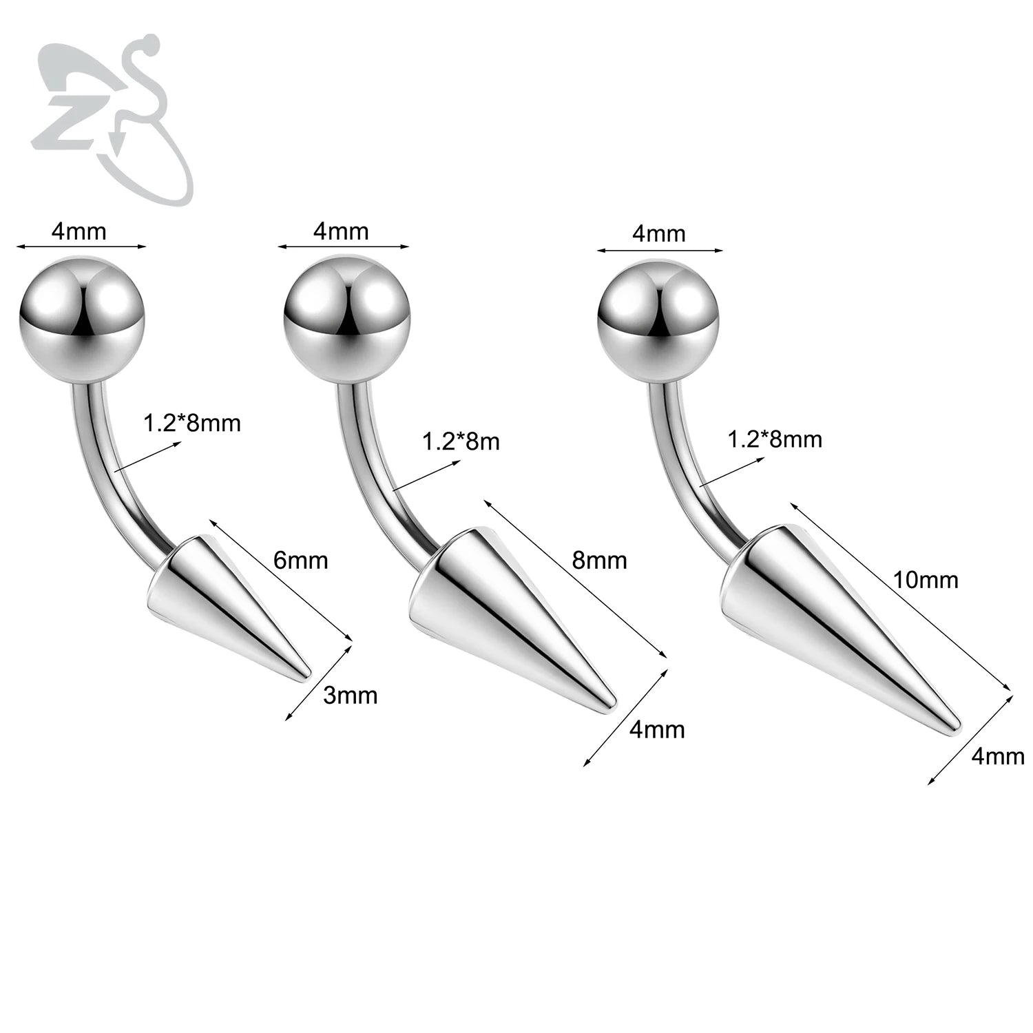 ZS 1PC 16G Long Spike Bridge Piercing Stainless Steel Eyebrow Ring Curved Barbell Cartilage Earring Punk Cone Labret Piercing