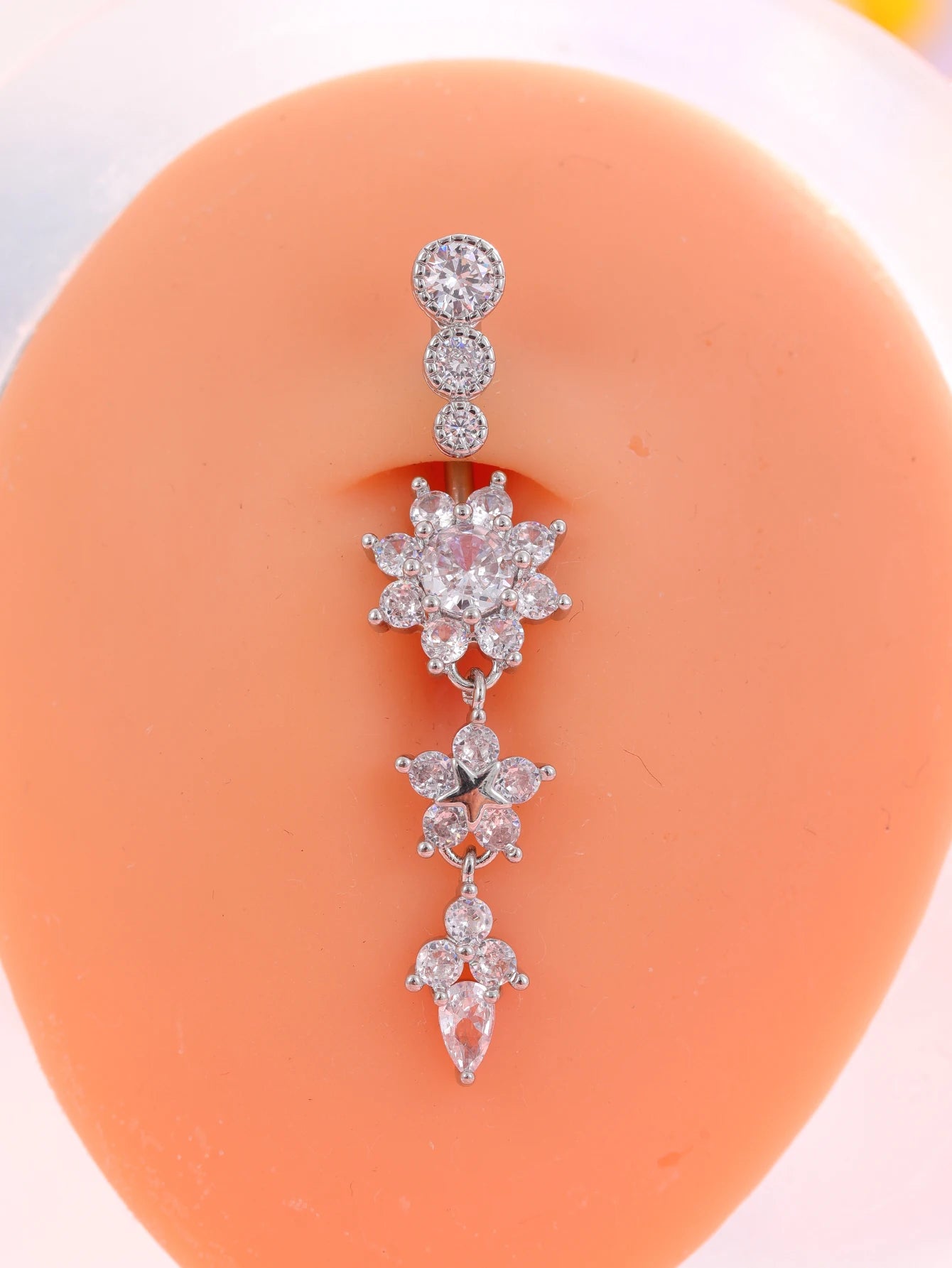 Gold Color Stainless Steel Belly Button Ring Long Dangled Flower CZ Crystal Navel Belly Piercing Rings for Women Sexy Jewelry