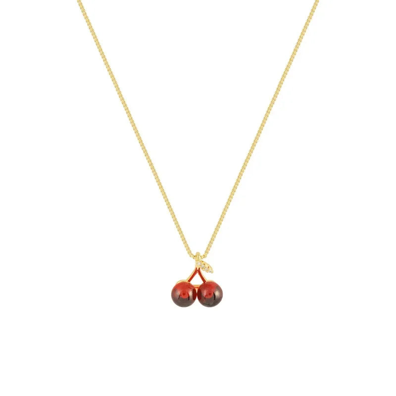 Little Wine Red Cherry Pendant Necklaces For Women Fashion Personality Fruit Golden Chain Necklace Party Jewelry Birthday Gifts