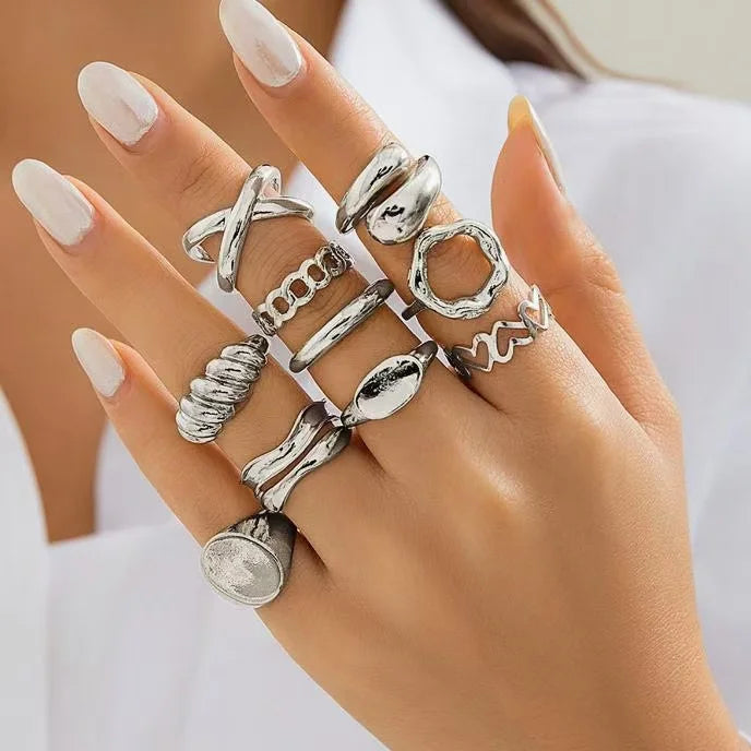 12PCS Set Of New Irregular Geometric Ring Alloy Plated Metal Adjustable Finger Ring For Women, Fashion Statement Jewelry Party N