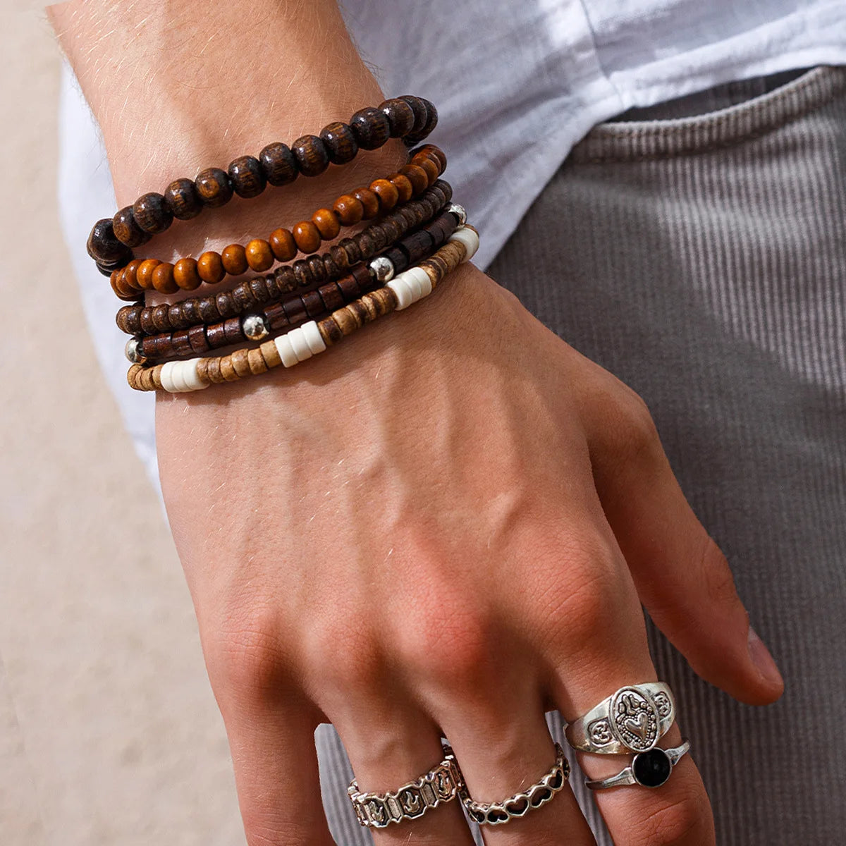 5pcs/set Wooden Beads Bracelet for Men,Hip Hop Niche Natural Stone Stacked Bracelet,Male Handmade Jewelry Gifts