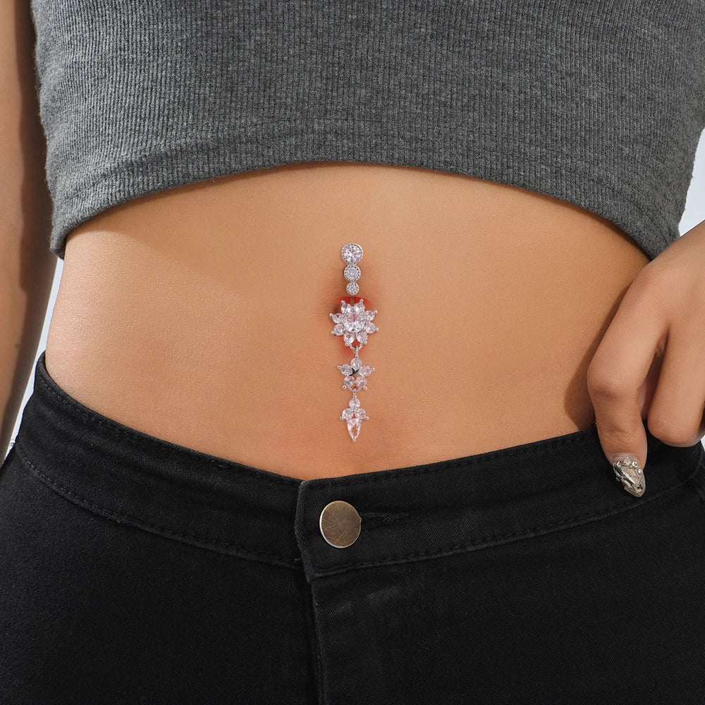 Gold Color Stainless Steel Belly Button Ring Long Dangled Flower CZ Crystal Navel Belly Piercing Rings for Women Sexy Jewelry
