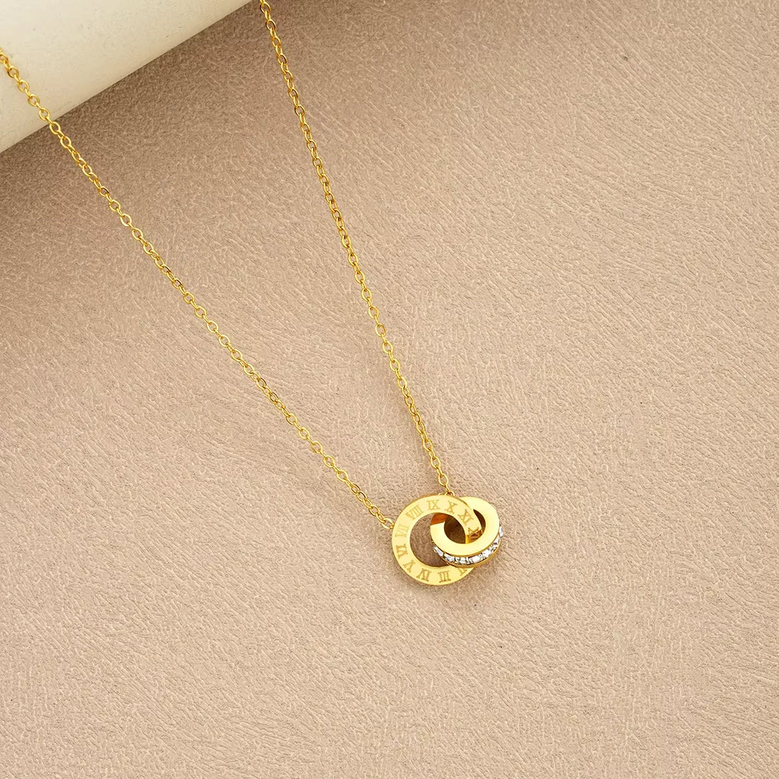 4Pcs/Set Stainless Steel Crystal Necklace Bracelet Earrings for Women Gold Color Interlocking Circles Roman Numbers Jewelry Sets