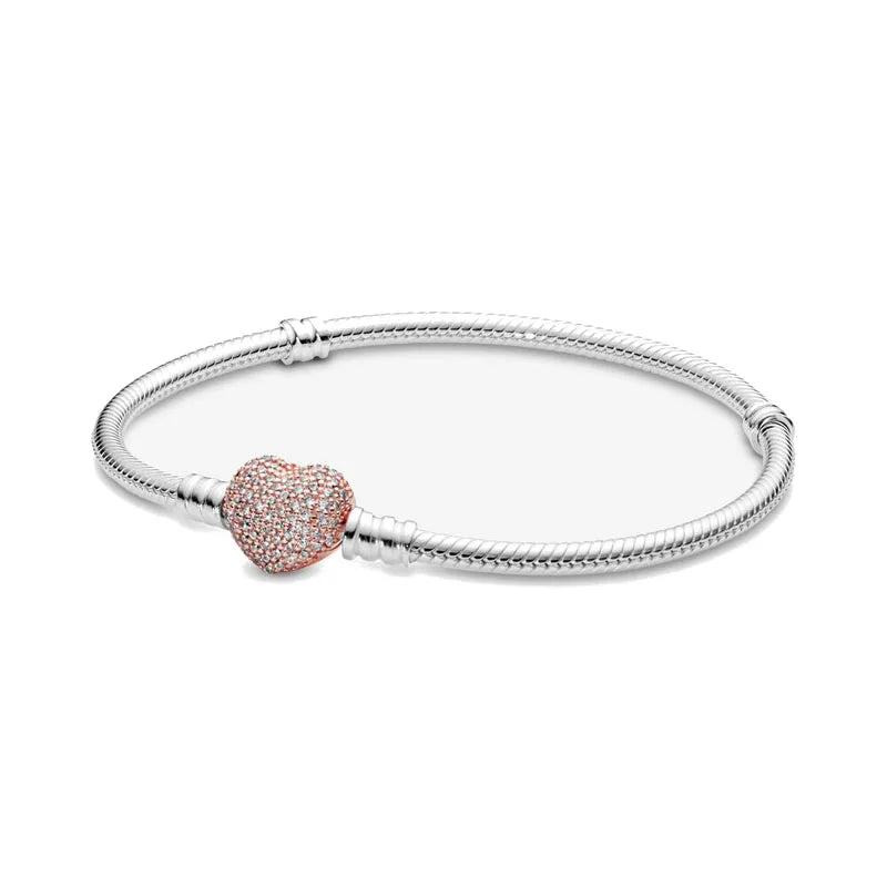 925 Silver European Heart Star Clasp Clip Snake Chain Size 16-21cm Bracelet Bangles Jewelry Accessories Charm