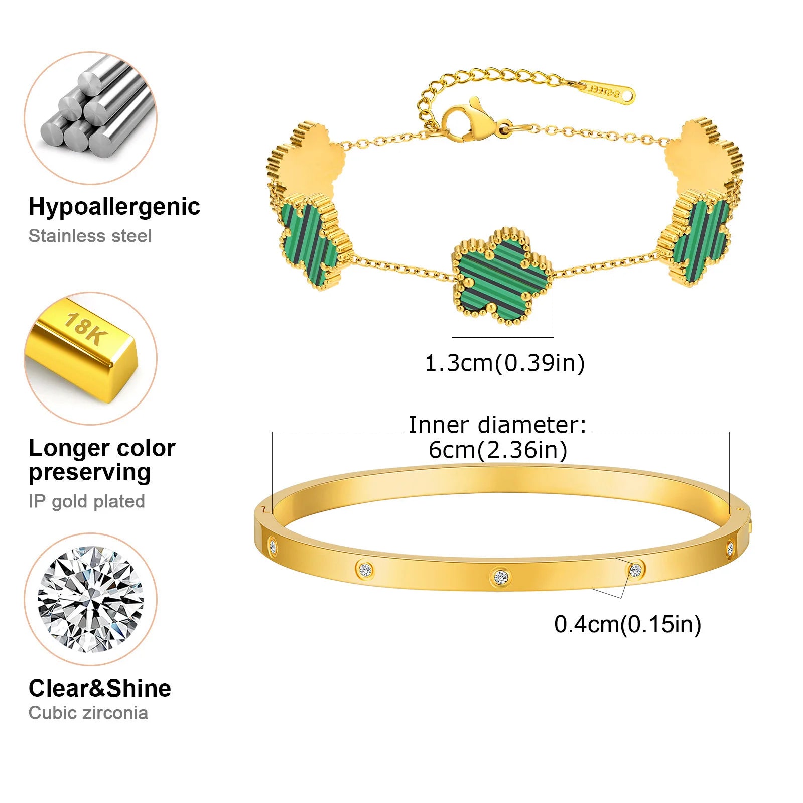 Vnox Exquisite 13mm Clover Bracelet Set for Women, Love Gift Bracelets for Wife Mothers Day Jewelry, Stainless Steel Cuff Bangle