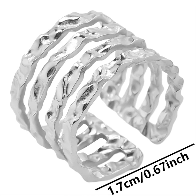 1Pc Stainless Steel Waterproof Women Personality Textured Chunky Open Rings Vintage Hollow Irregular Multi-layer Anillos Jewelry