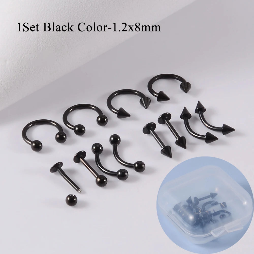 12pcs/Set Surgical Steel Silver Color Gold Plated Black Rainbow Ear Nose Eyebrow Labret Basic Piercing Jewelry Set 8mm