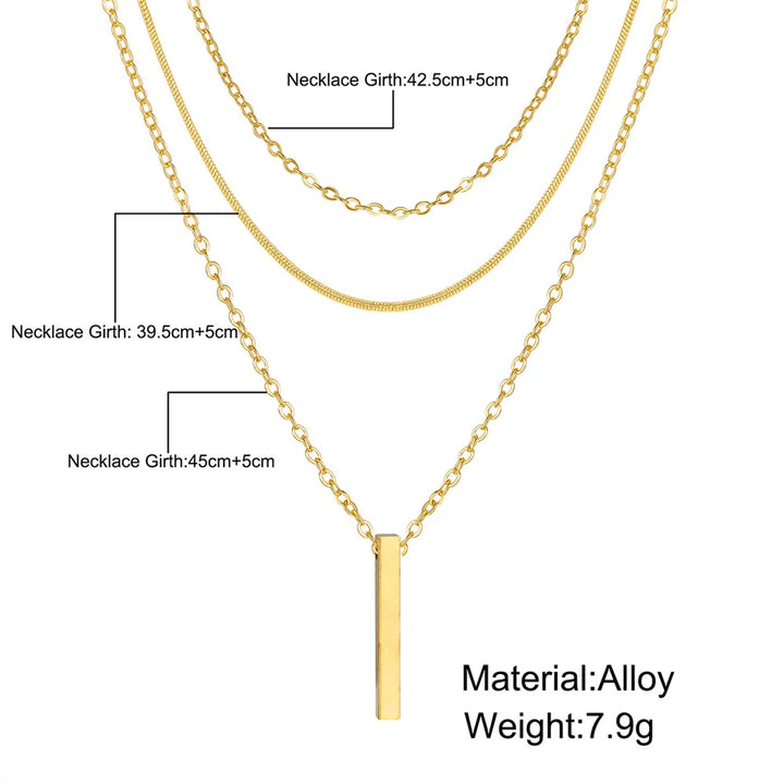 Vintage Layered Metal Bar Pendant Necklace for Women Daily Wear Gold Color Reactangle Clavicle Chain Collarbone Necklace Jewelry