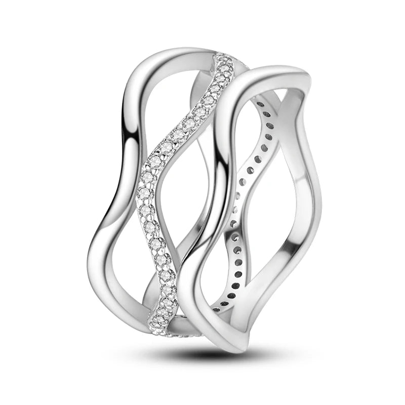 Women's 925 Sterling Silver Geometric Overlapping Zircon Classic Design Rings Anniversary Birthday Engagement Fine Jewelry
