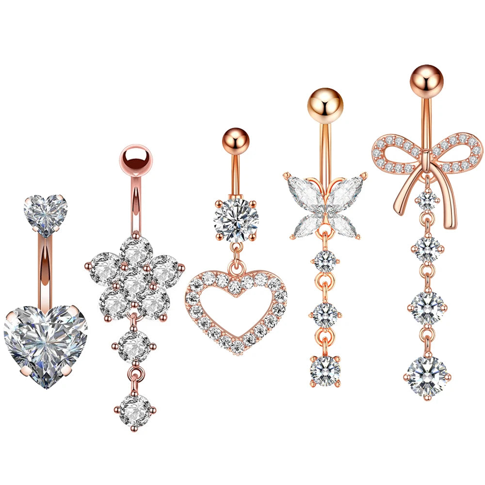 3-5pcs/Lot Belly Button Ring Sets Heart Butterfly Flower Dangled Belly Piercing Nombril 14G Curved Navel Rings Jewelry for Women