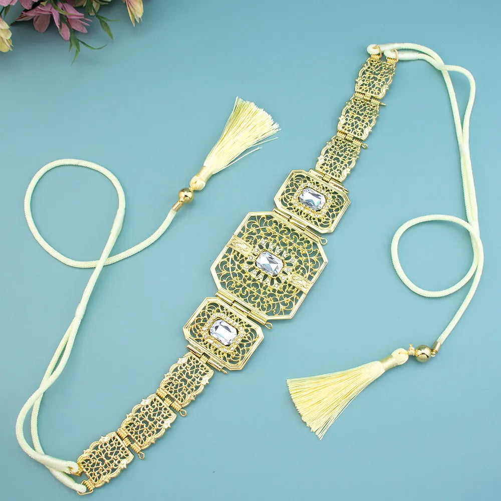 Sunspicems Gold Color Morocco Caftan Belt Hand Rope Chain Tassels Arabic Women Wedding Jewelry Bridal Dress Charm Waist Bijoux