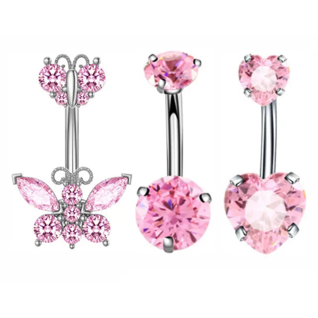 3PCS Heart Crystal Belly Button Piercing Jewelry Set Red Cz Navel Piercing Bulk Flower Belly Rings Pack Piercing Ombligo Lote